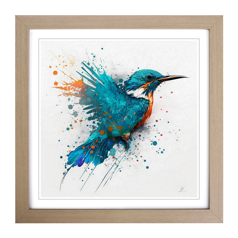 Kingfisher Splatter Art - Framed Print, Oak