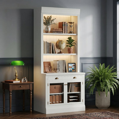 83.4" Tall Modern Bookcase with LED Lighting, 2 Glass Doors, 1 Drawer and Open Shelves, Storage Organizer for Living Room Home Office, White