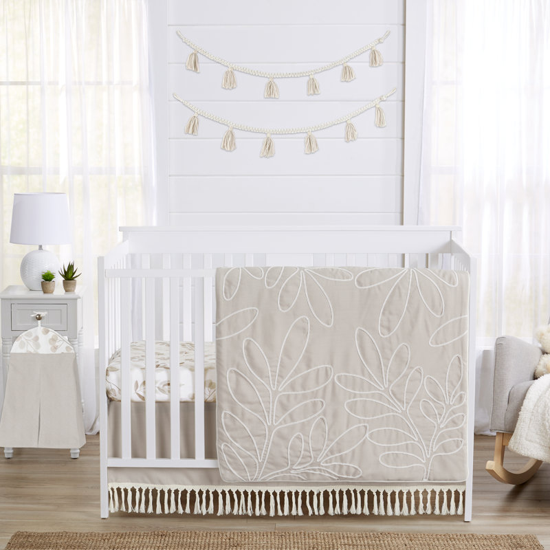 White and Beige Microfiber Botanical Leaf Toddler Comforter