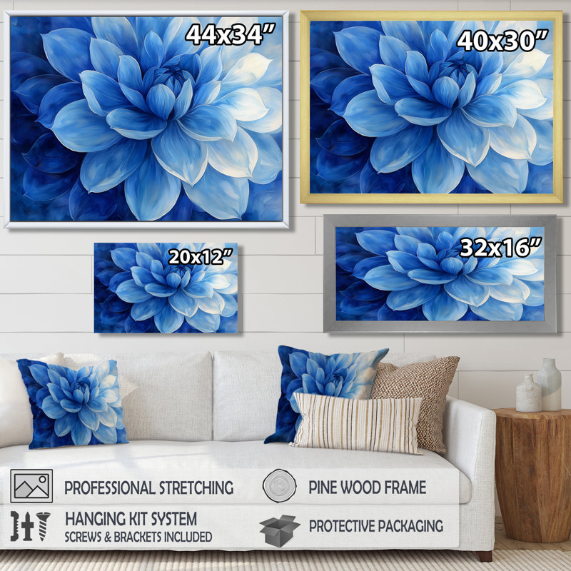 «White on Velvet Blue Dahlia Bloom I», art mural sur toile Dahlia, Impression encadrée flottante sans passe-partout, Blanc