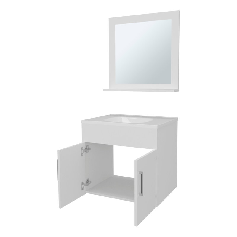2-Door White Bathroom Vanity With Sink, Mirror And Floating Feature - 21 Inches High, 24 Wide, Particle Board, Versatile Layout Sink Brightens Space, Style