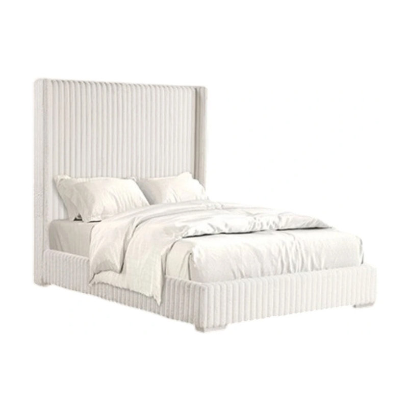Wolo Twin Bed, White Fur Chenille Ribbed Upholstery, Wing Headboard, Twin, White