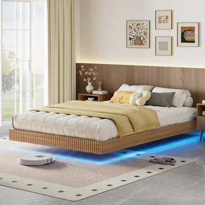 Queen Floating Bed Frame With LED Lights, Modern Fluted Floating Platform Bed With Heavy Duty Metal Slats, No Headboard