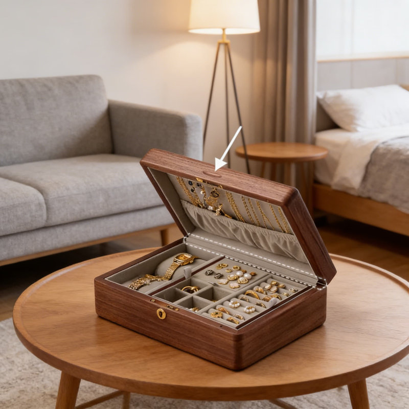 Boîte à bijoux en bois de noyer noir massif avec serrure et clé