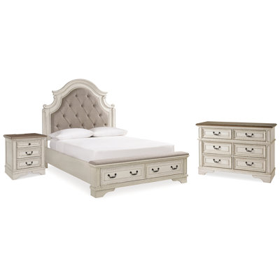 Grand lit à panneau tapissier avec rangement, commode et table de chevet Realyn