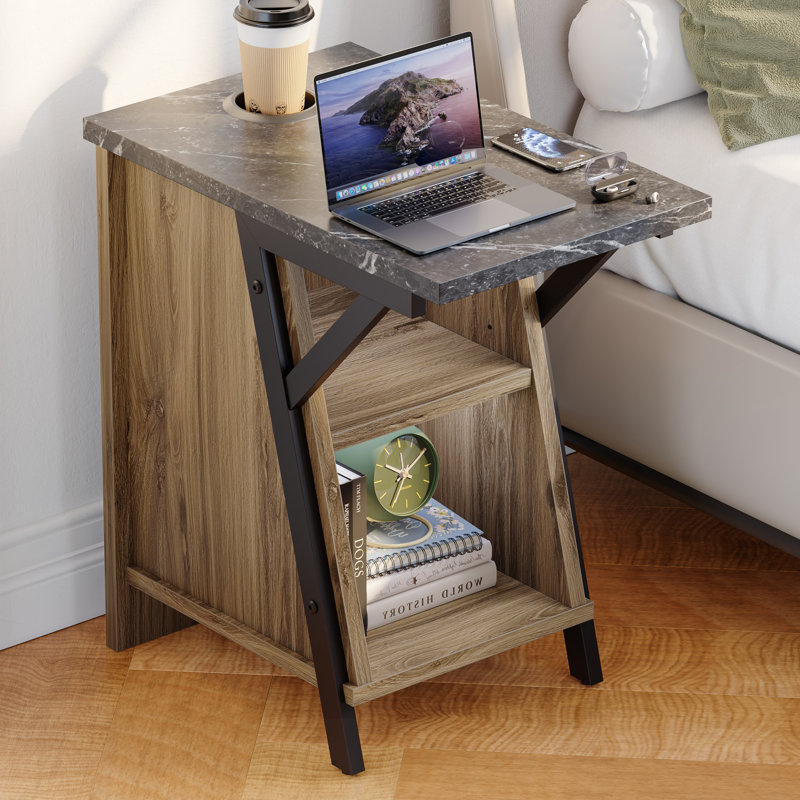 Table de chevet haute avec porte-gobelet et 2 tablettes de rangement, Chêne