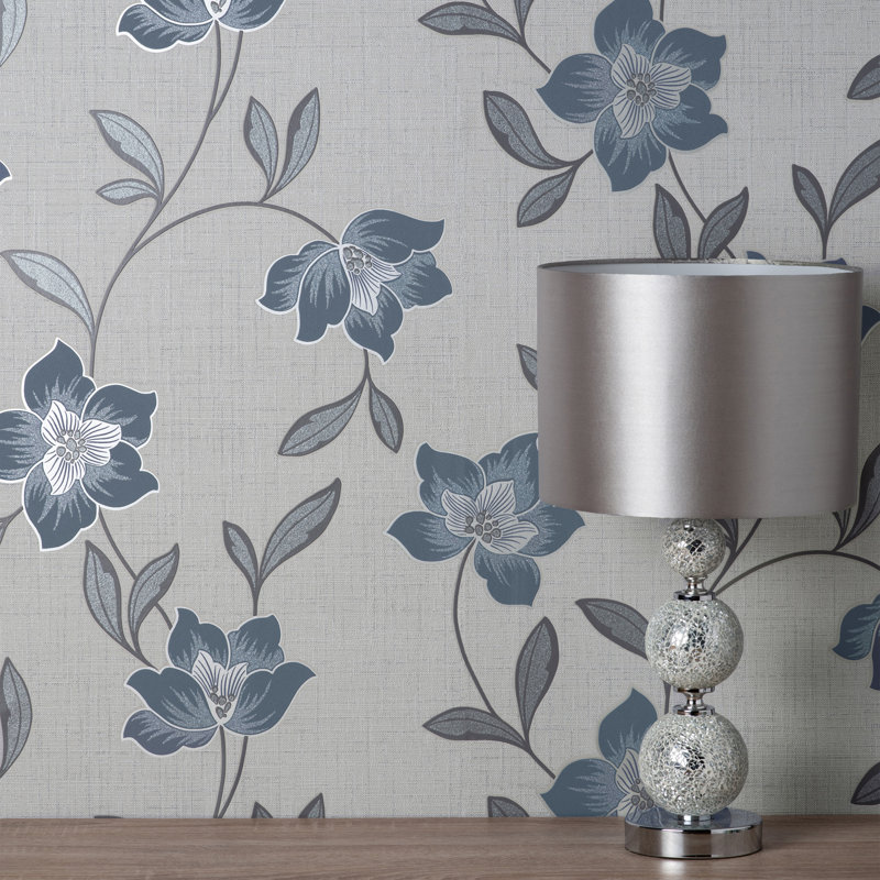 Larson Floral Navy Silver Wallpaper