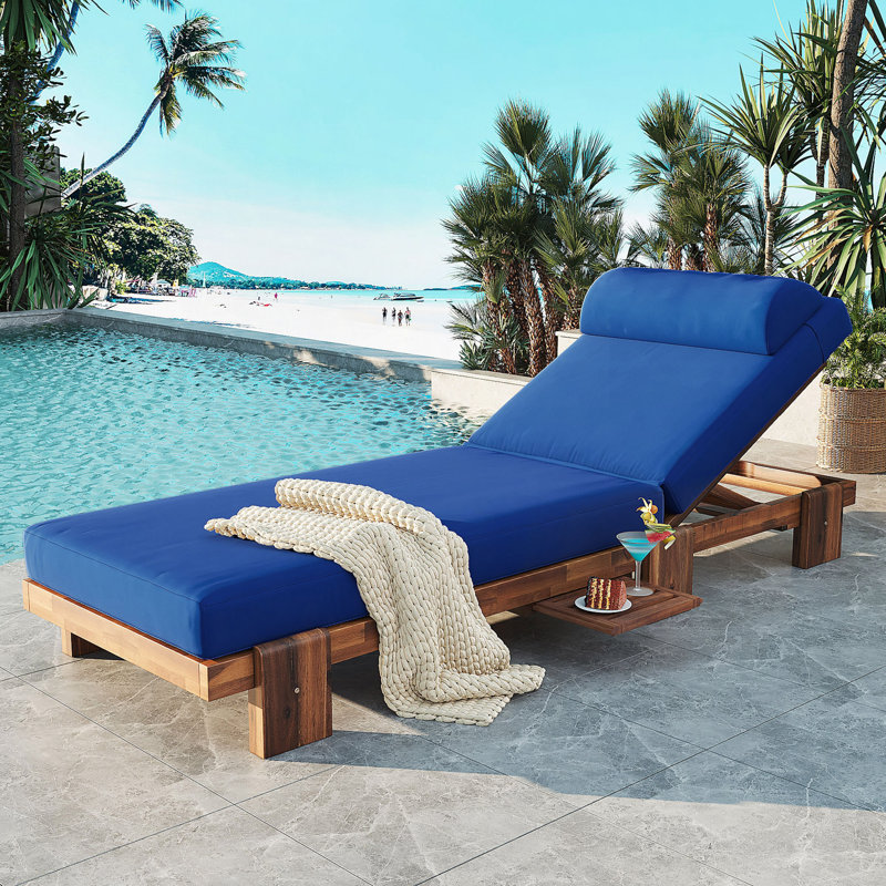 78.8" Outdoor Patio Chaise Lounge Chair, Acacia Wood Adjustable Recliner With Headrest And Retractable Side Tray, Perfect For Terrace, Poolside, Garden, And Beach