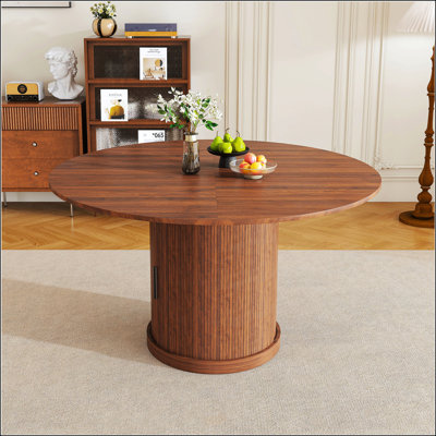 Table de salle à manger extensible ovale avec rangement à 2 niveaux, conception peu encombrante pour 4 à 6 personnes, panneau de fibres à densité moyenne brun noyer et base piédestal