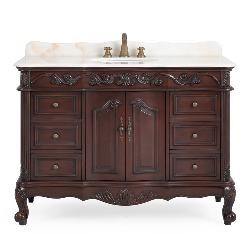 Meuble-lavabo traditionnel Beckham autoportant de 122 cm (48 pouces) en merisier brun, collection Benton, lavabo simple, dessus en marbre blanc, entièrement assemblé