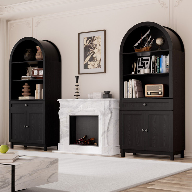 71" Arched Storage Bookcase, Display Cabinet With Adjustable Shelf And Drawer, Black