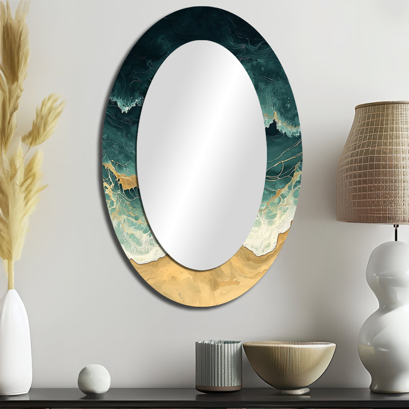 Emerald Beach Areal View I - Grand miroir mural ovale sur métal, 36 po x 24 po