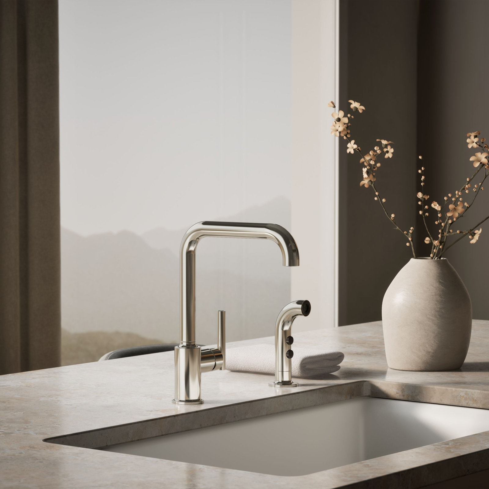 Purist Two-Hole Kitchen Faucet with Sidespray, Vibrant Polished Nickel