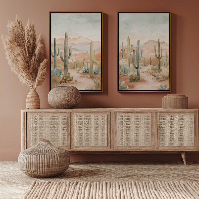 Ensemble de 2 impressions sur toile Cactus Waltz, H 18,75 po x l 25,5 po x P 1,75 po, Cadre flottant blanc opaque