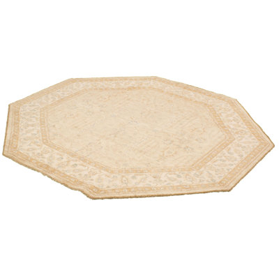Tapis décoratif beige en laine de conception unique 8 pi 1 po X 8 pi 1 po noué à la main New Age