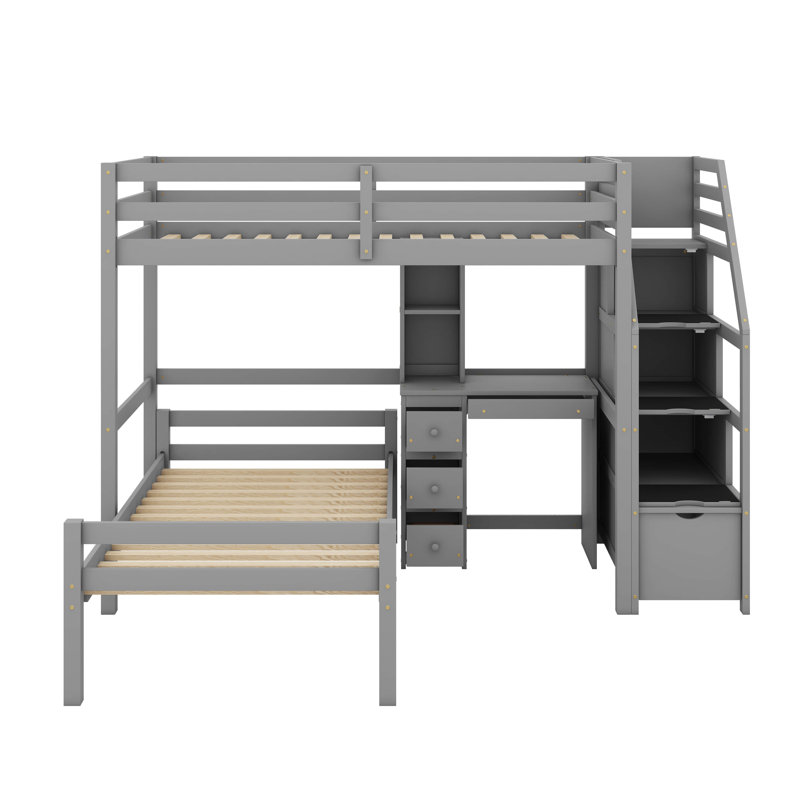 Twin Size Loft Bed With Desk, Shelves And Drawers, Gray