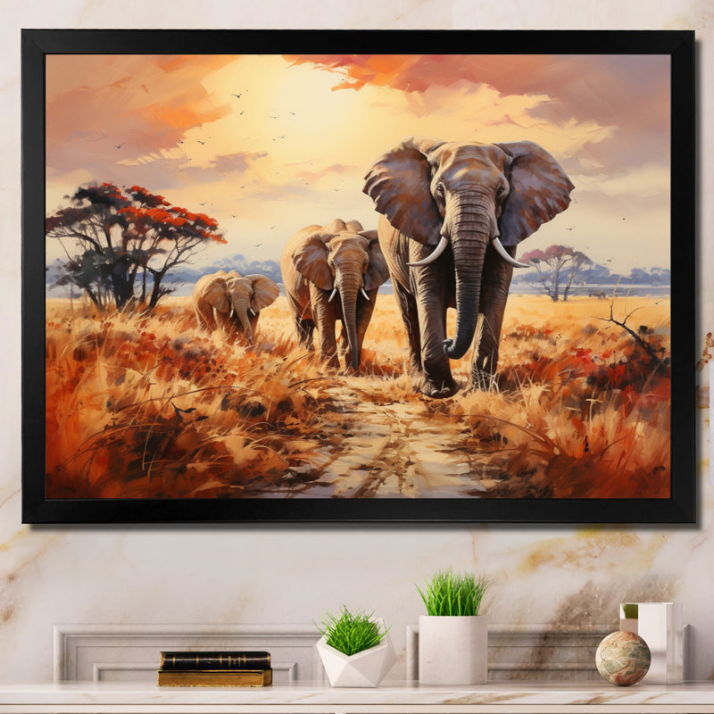 Éléphant d'Afrique, prairies d'Afrique I, reproduction sur toile, Cadre simple noir, H 16 po x l 32 po x P 1 po