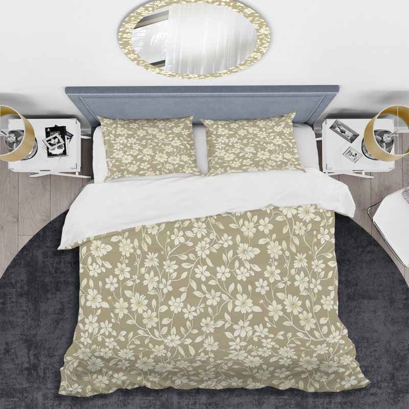 Ensemble de housse de couette transitionnelle Beige crème Floral Vines I, Housse de couette pour grand lit et 2 taies décor