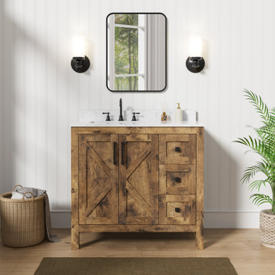 Meuble-lavabo simple brun rustique entièrement assemblé de 36 po avec plateau en marbre d'ingénierie Linsay, portes à fermeture en douceur
