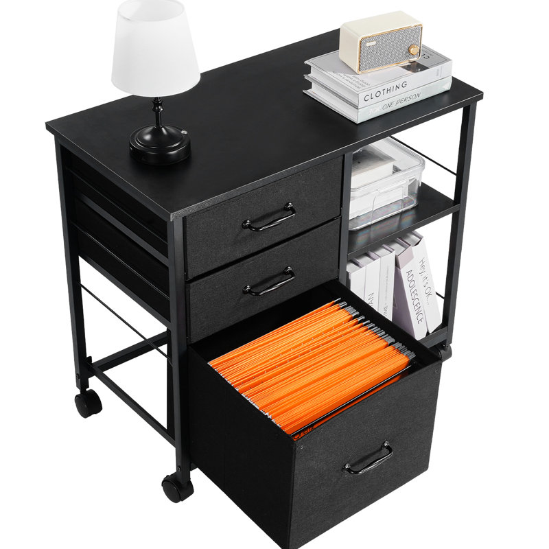 Classeur mobile avec 3 tiroirs et 2 tablettes ouvertes en noir, parfait pour catégoriser les petits articles de bureau, étagères en tissu noir non tissé à structure stable, fournitures de rangement faciles à déplacer, grattoir