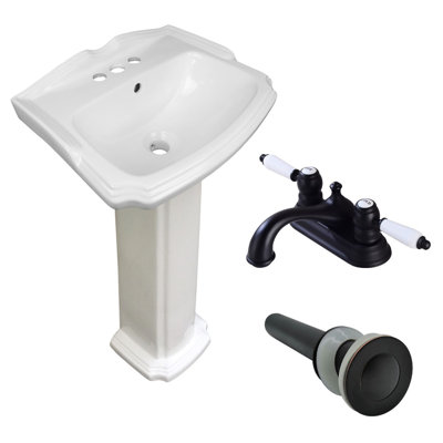 Petit lavabo de salle de bain à piédestal avec robinet noir de 4 pouces et drain