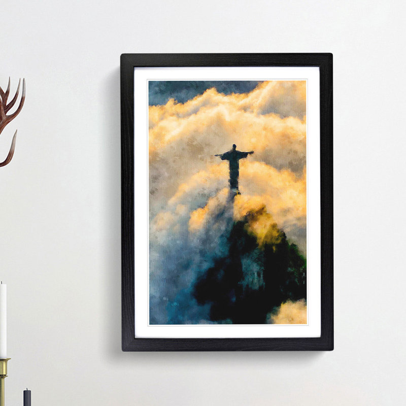Christ The Redeemer In Brazil - Single Picture Frame Painting on MDF, 87cm H x 62cm W x 2cm D, Black Framed