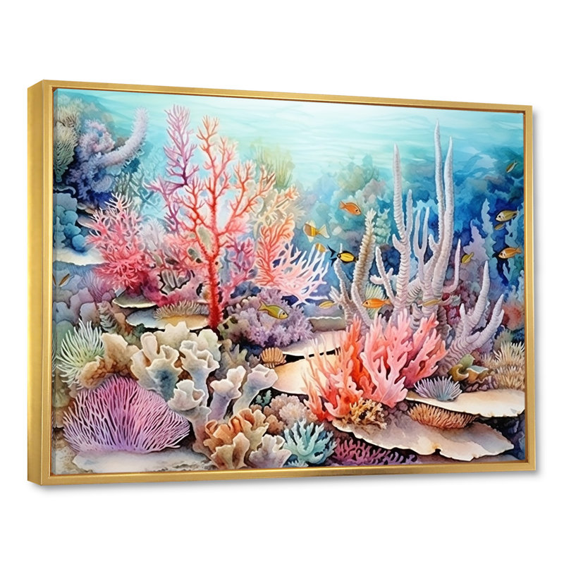 Rose et bleu sous l'eau, corail Wold I - art mural corail sous l'eau, H 24 po x l 32 po x P 1 po, Cadre flottant doré