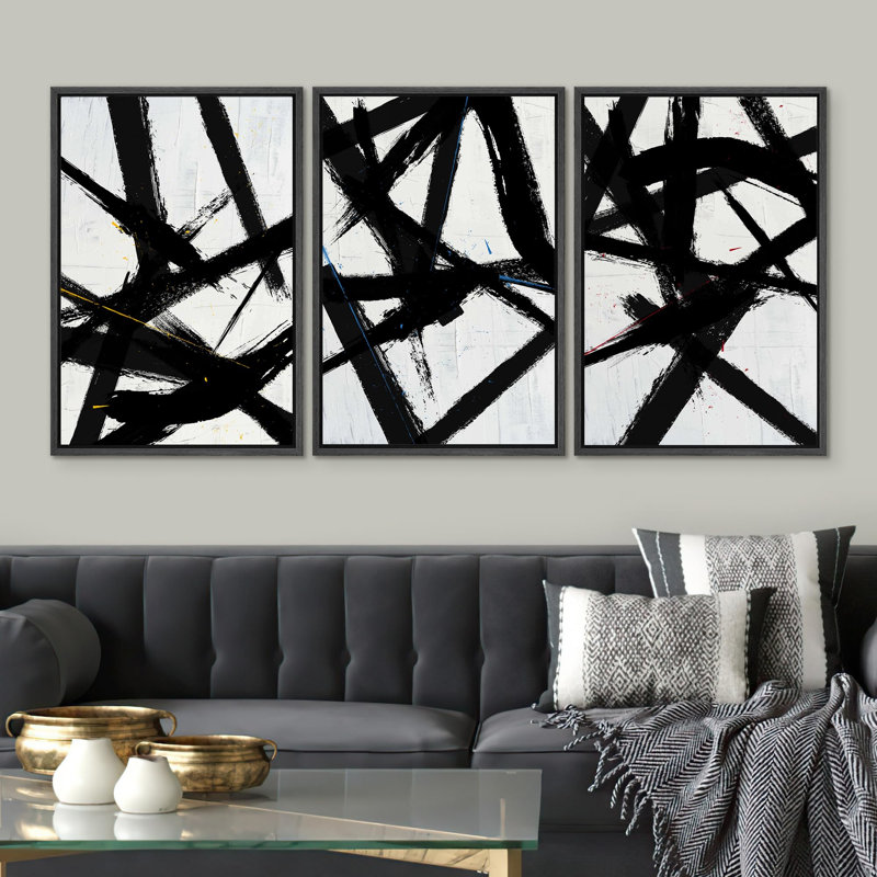 Linear Geometry " Black And White Paint Strokes Abstract " 3 - Pieces, Noir, H 24 po x l 16 po x P 1,5 po
