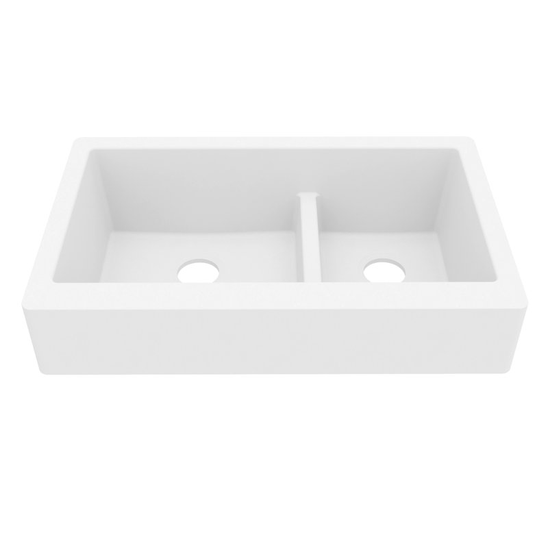 Karran Retrofit Farmhouse/Apron-Front Quartz Composite 34'' X 21-1/4'' 60/40 Double Bowl Kitchen Sink, Matte White