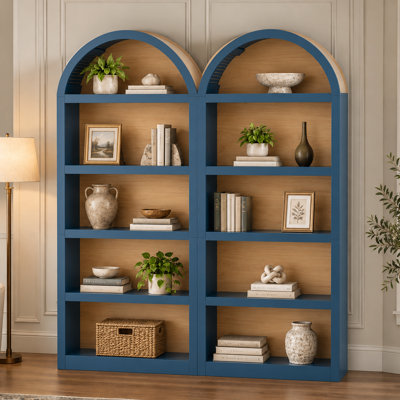 Ensemble de 2 bibliothèques cintrées d'inspiration champêtre avec accents en tissu et étagères ouvertes à cinq niveaux pour salon, chambre et bureau à domicile