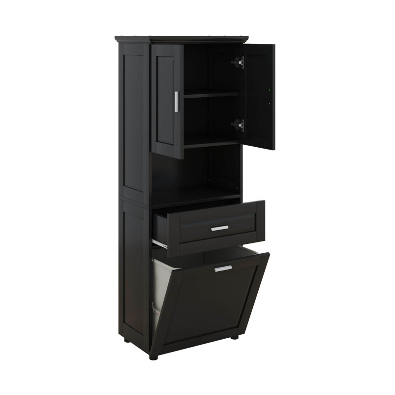 Tall Bathroom Cabinet With Laundry Basket, Adjustable Shelves, Black
