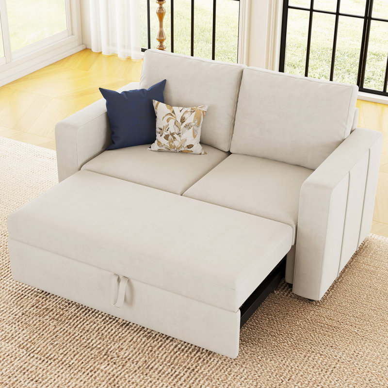 Rafael 2 Seats Fabric Sectional Pull Out Sofa Memory Foam Mudular Sofa For Living Room, Beige Velvet