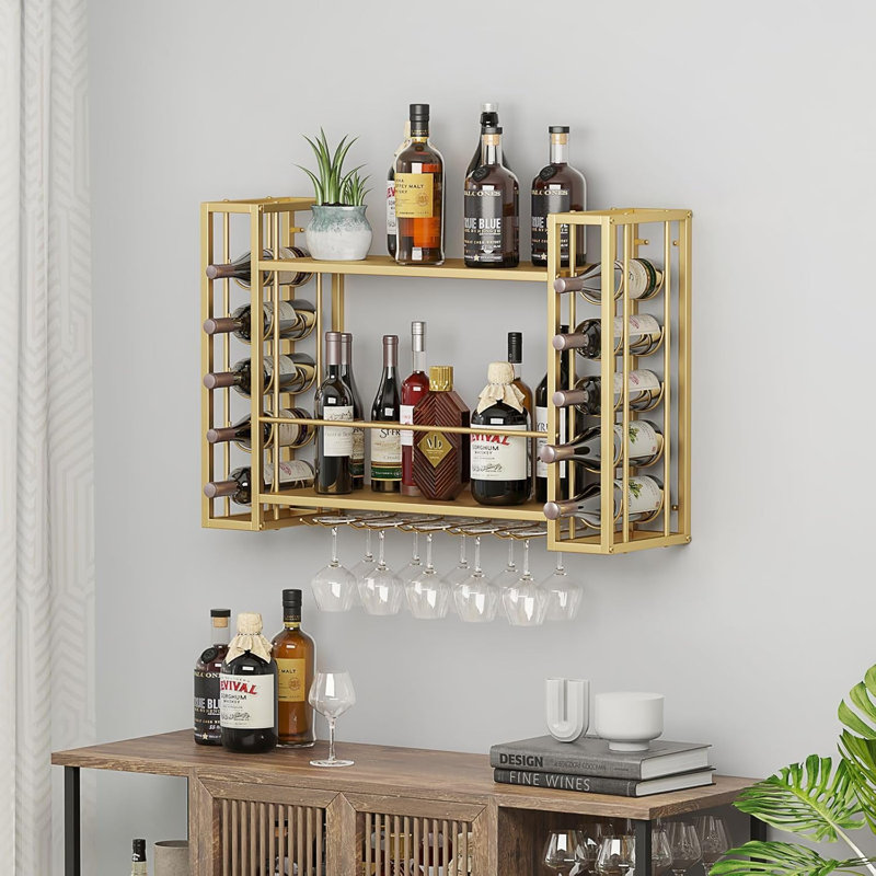 Wall Mounted Wine Rack with Wine Glass Rack,Gold