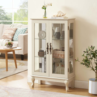 Vitrine 2 portes avec portes en verre trempé, armoires de terrasse avec panneau arrière en miroir et tablettes réglables, vitrine éclairée pour la maison, ampoule de bureau incluse