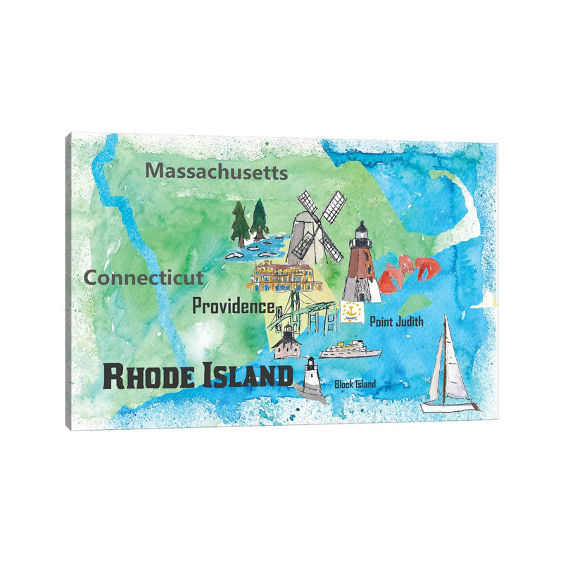 USA, Rhode Island State Travel Poster Map by Markus & Martina Bleichner - Wrapped Canvas Gallery-Wrapped Canvas Giclée