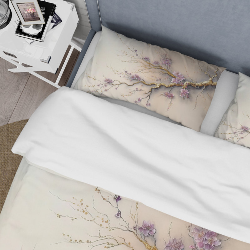 Ensemble de housse de couette en microfibre / polyester rose et prune cerisier en fleurs