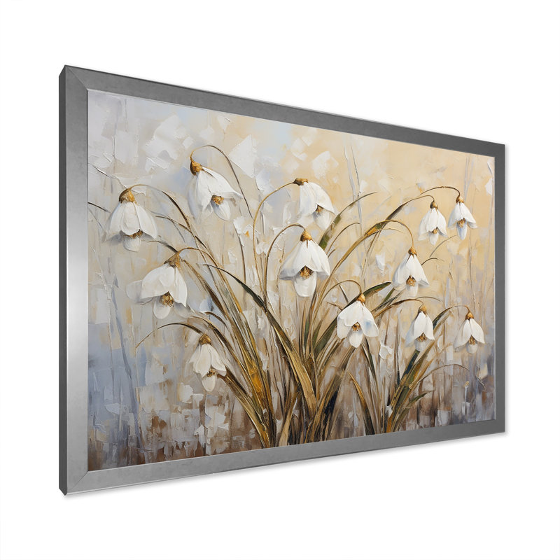 Minimalisme «Snowdrop Flowers Harmony I» sur toile, Cadre simple argenté, H 16 po x l 32 po x P 1 po