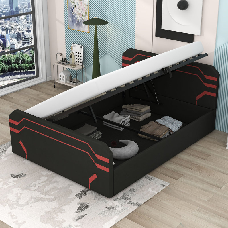 Grand lit avec rangement hydraulique, Noir rouge