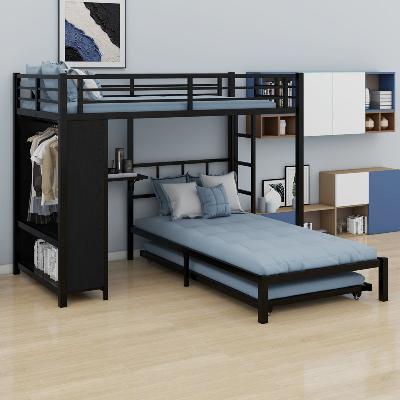 Lit superposé en métal avec garde-robe, lit gigogne, bureau pliable, échelles, Simple sur simple
