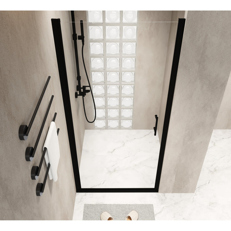 28"x72" Tempered Glass Pivot Shower Door In Matte Black Aluminum Frame, Stainless Steel Handle, Smooth - Operating Swing Design, Water Separation For Bathroom Maintenance 28x72 Inch With Function,