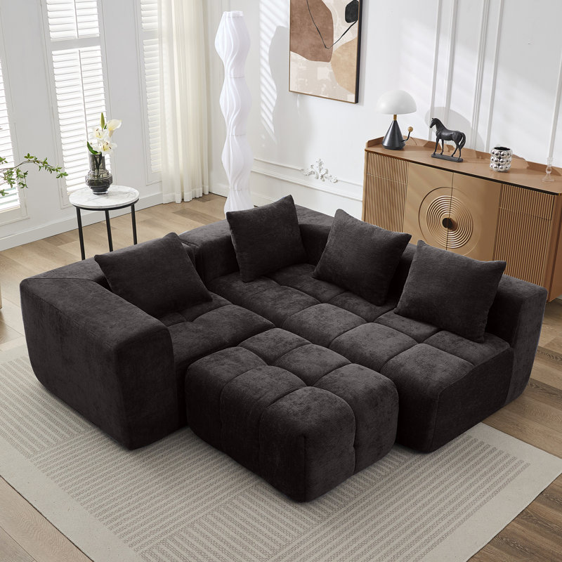 Modular Chenille Cloud Sofa, 3-Piece Boneless L-Shape Sectional with Ottoman, No Assembly, Gray Chenille