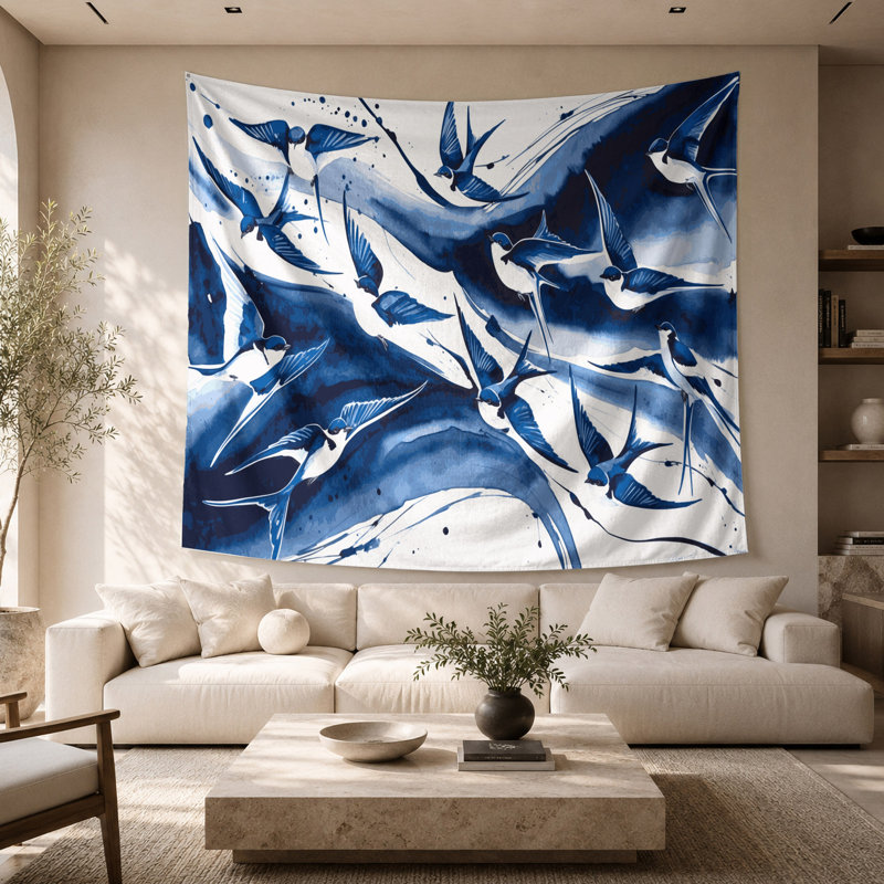 Tapisserie murale oiseaux bleu et blanc hirondelle, 68 po x 80 po