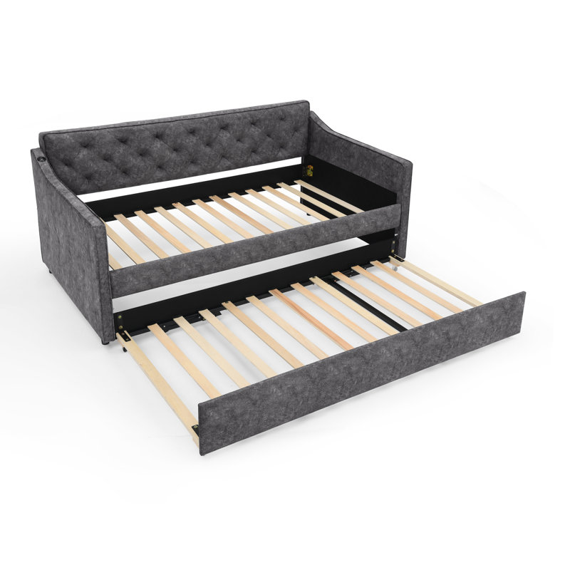 Twin Size Upholstery Daybed With Twin Size Pop-Up Trundle And USB Charging Design, Gray