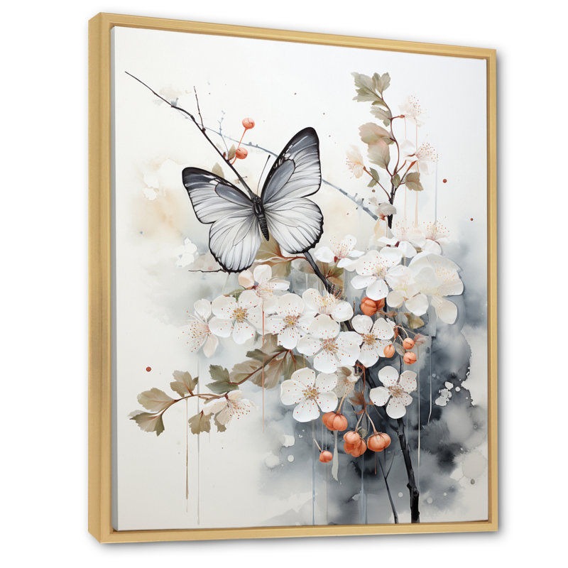 Keishasha, art asiatique, papillon blanc et gris sur toile, H 20 po x l 12 po x P 1 po, Cadre naturel flottant