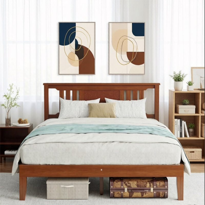 Lit plateforme en bois massif avec tête de lit Loronda Mid Century, Noir, Grand lit
