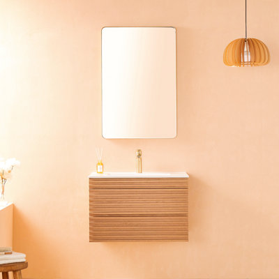 Meuble-lavabo avec lavabo en céramique Werts - 30 po. Fixé au mur et flottant. Noyer naturel. Entièrement assemblé. Espace de rangement généreux. Contreplaqué. Facile à installer. Céramique propre. Conception stratifiée pour la salle de bain