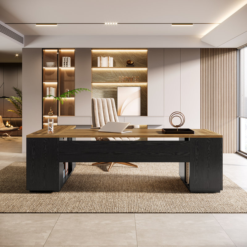 85.8" L-Shaped Executive Desk with File Cabinet & Multi-Storage, Walnut/Black 
