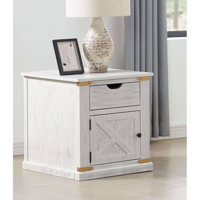Table de bout à 1 tiroir de rangement de style rustique avec ornements en or blanc antique