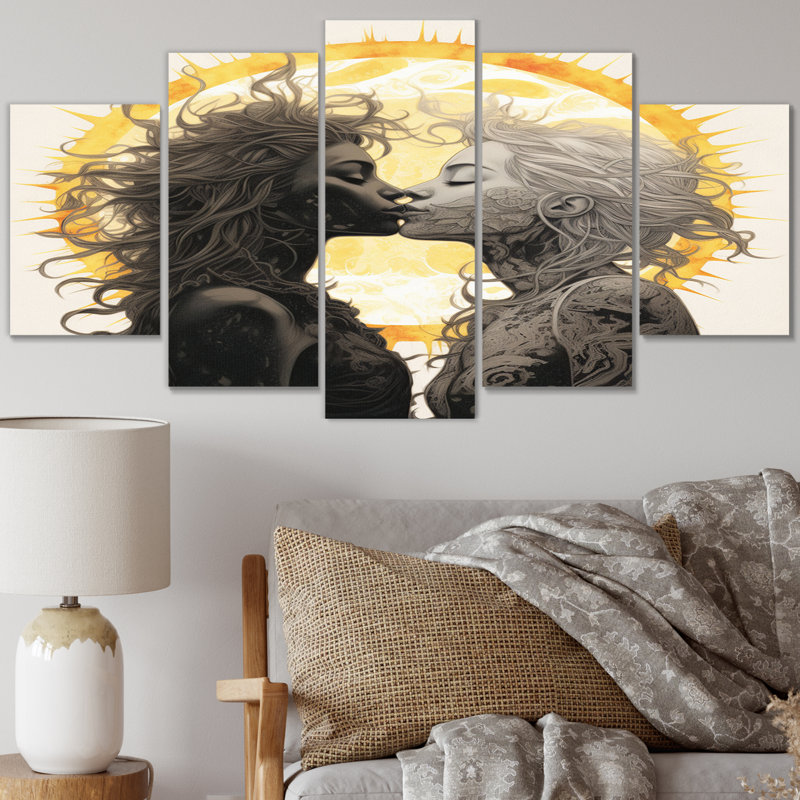 Amoureux s'embrassant au soleil - Illustration rétro sur toile - 5 panneaux muraux