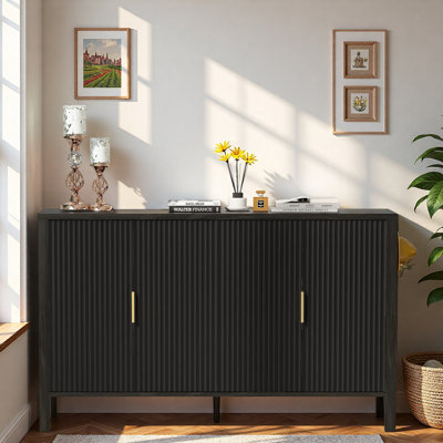 Modern Stripe Door Sideboard With Back-of-door Storage Racks, Side Hooks, Adjustable Shelves And Aluminum Handles